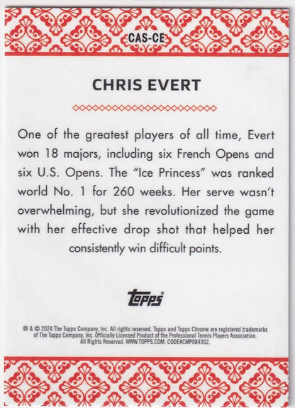 Trading card of Chris Evert from Topps Chrome Aces with red border and biography