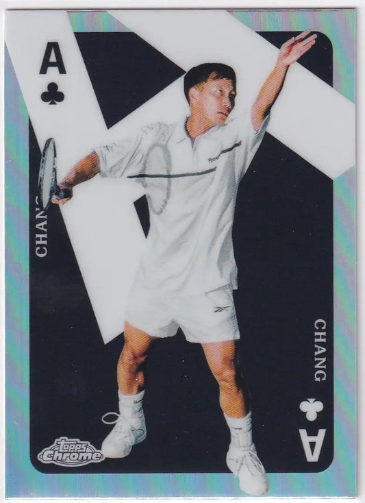 Tennis player in white serving ball from 2024 Topps Chrome Aces #CAS-MC Michael Chang