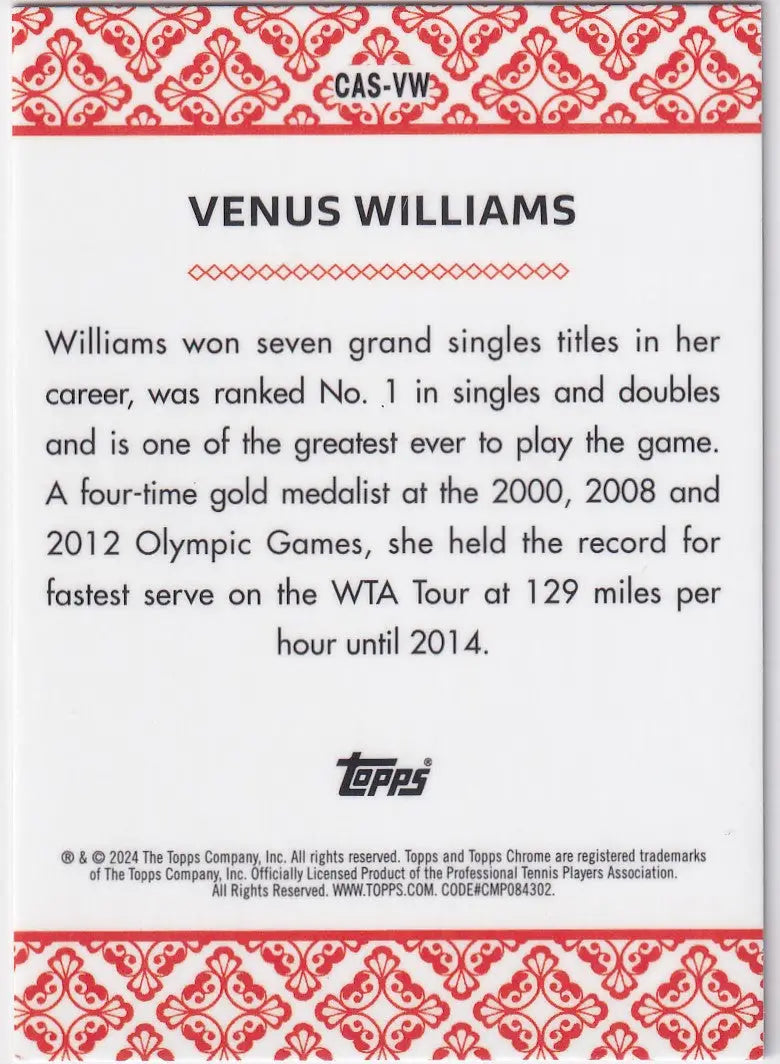 Trading card of Venus Williams showcasing career stats from Topps Chrome Aces