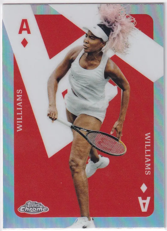 Tennis player in white tank top holding racquet styled as Topps Chrome Aces card