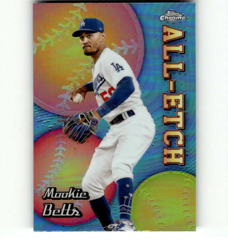Holographic baseball card of Mookie Betts fielding for Los Angeles Dodgers