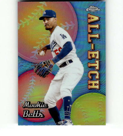 Holographic baseball card of Mookie Betts fielding for Los Angeles Dodgers