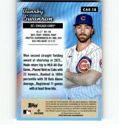 Cubs Baseball Card featuring Dansby Swanson in Etch Refractor design against blue background