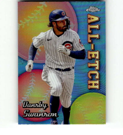 Chicago Cubs player Dansby Swanson running bases on etch refractor baseball card