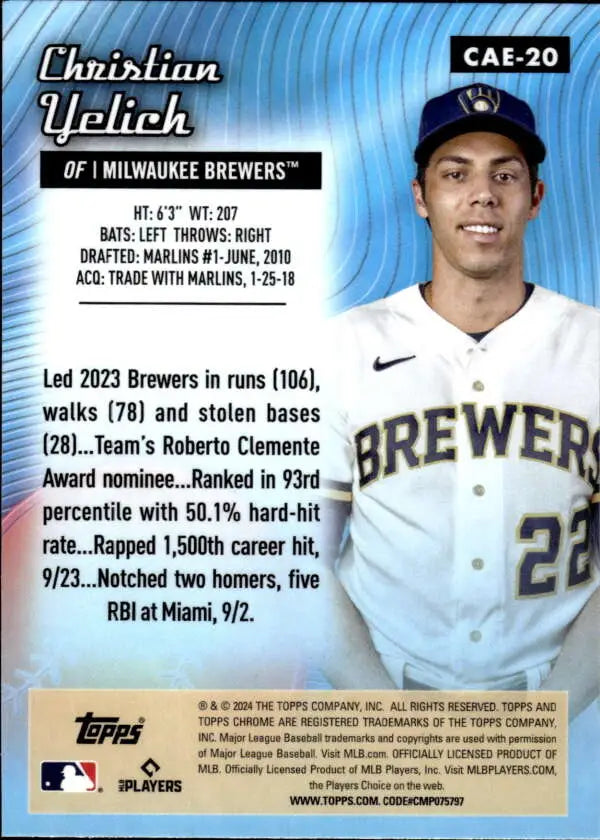 Baseball card featuring Christian Yelich in a white jersey for Milwaukee Brewers Etch Refractor