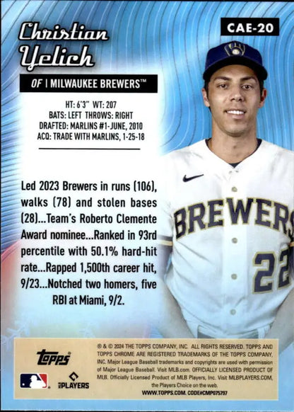 Baseball card featuring Christian Yelich in a white jersey for Milwaukee Brewers Etch Refractor