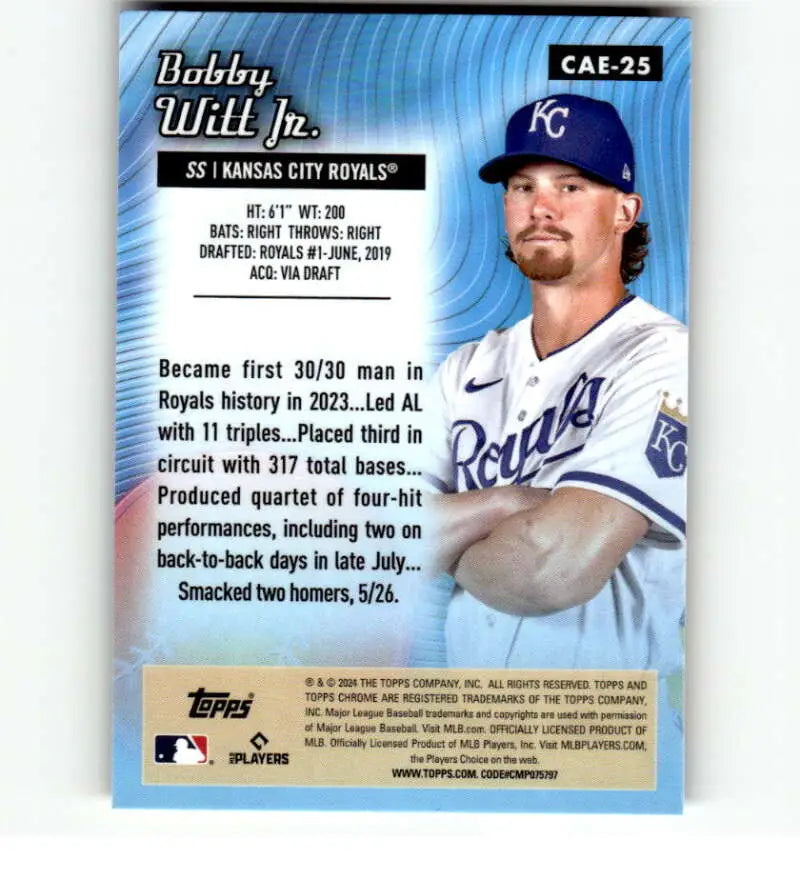 Kansas City Royals Baseball Card of Bobby Witt Jr. in blue team cap and jersey