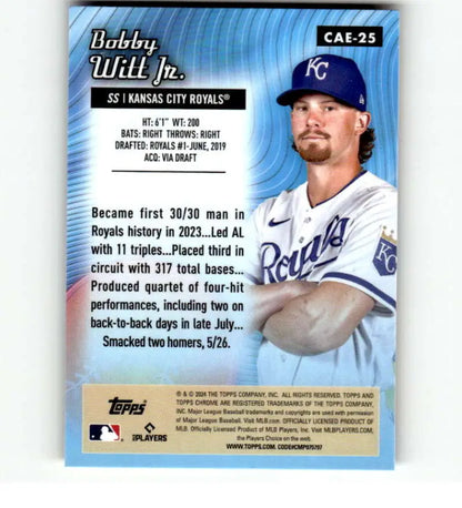 Kansas City Royals Baseball Card of Bobby Witt Jr. in blue team cap and jersey