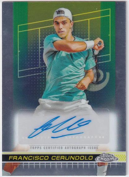 Baseball trading card of Francisco Cerundolo in teal jersey, Topps Chrome Auto
