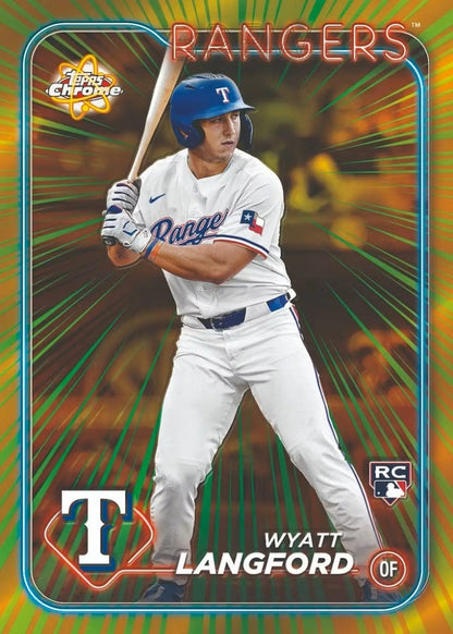 Baseball trading card featuring red refractor parallel from 2024 Topps Chrome Blaster Box