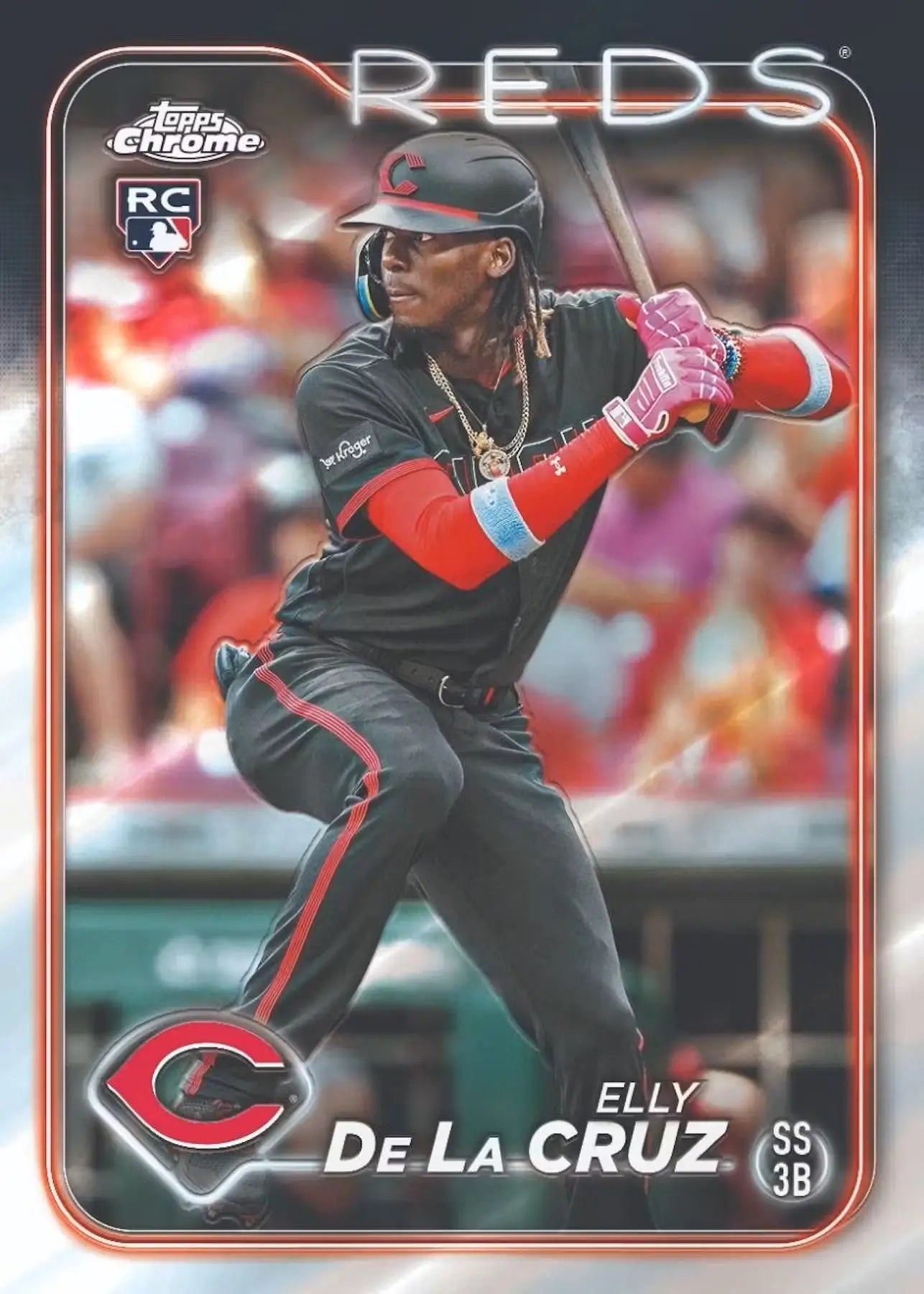 Elly De La Cruz baseball card with orange refractor and speckle refractor in 2024 Topps Chrome Blaster Box