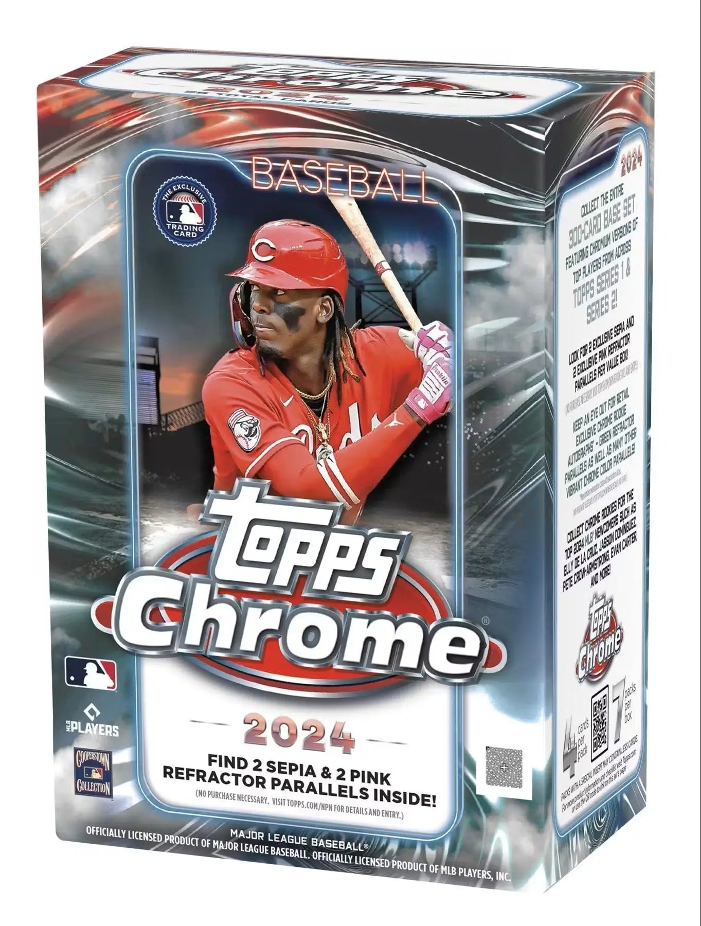 2024 Topps Chrome Baseball 7-Pack Blaster Box with red refractor parallel speckle refractor