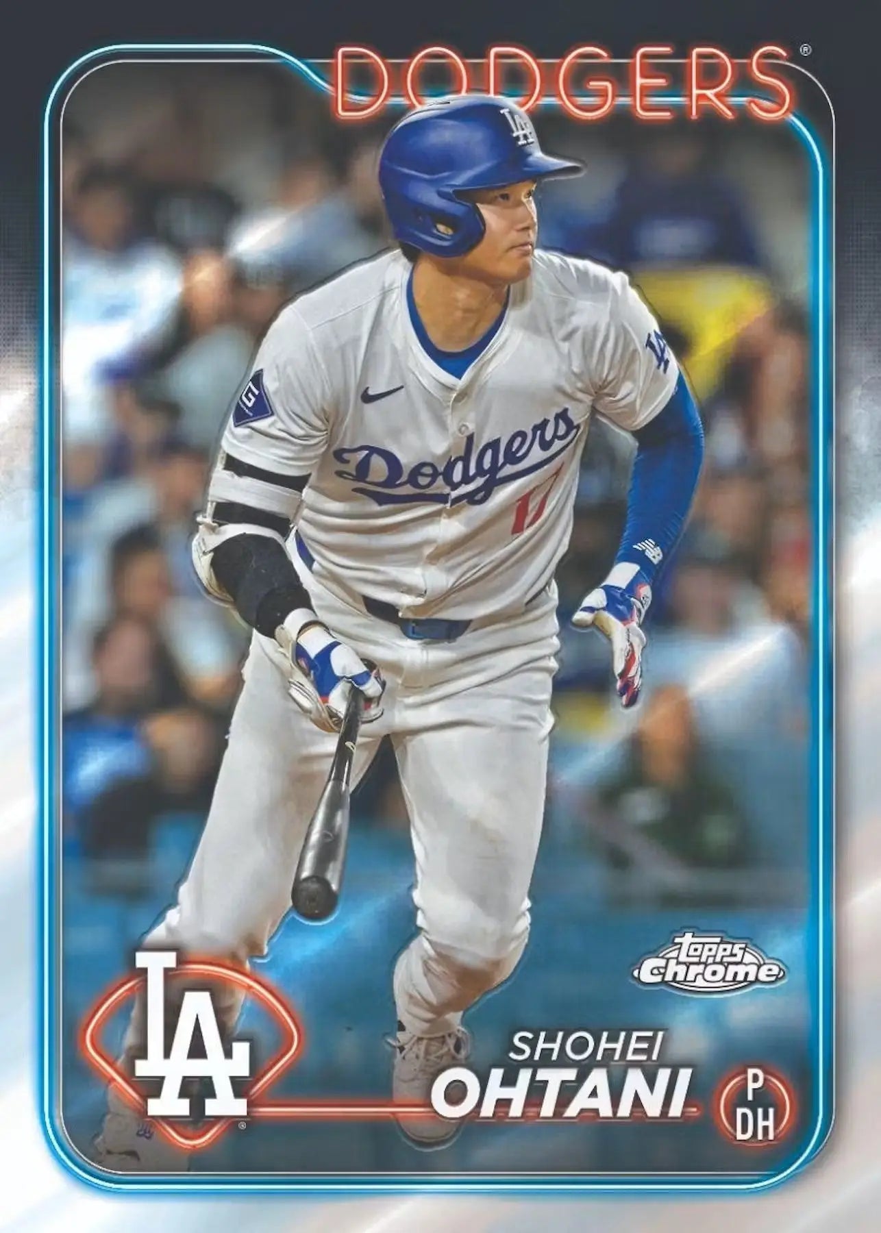 Shohei Ohtani baseball card from 2024 Topps Chrome Blaster Box with red refractor parallel