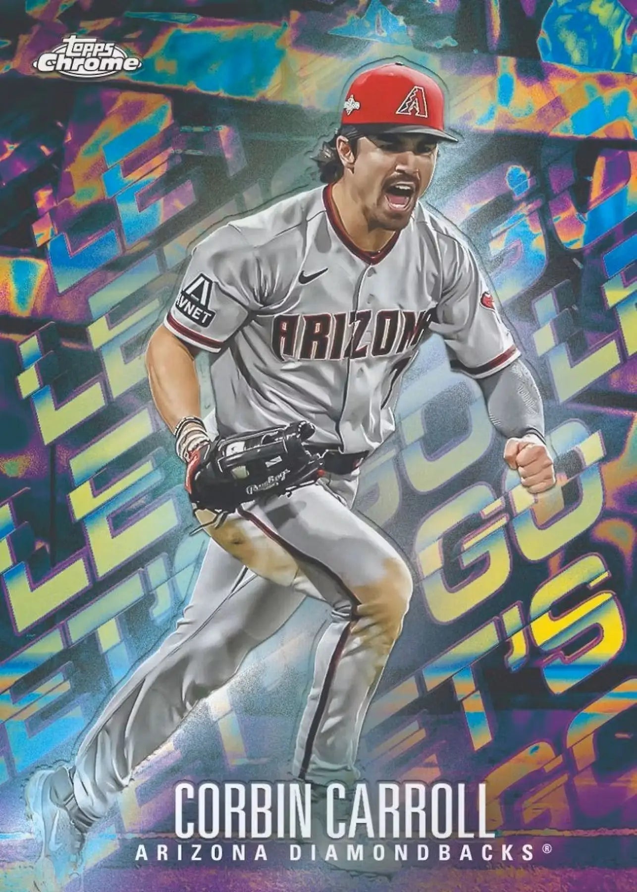 Corbin Carroll baseball card with red refractor parallel from 2024 Topps Chrome Blaster box