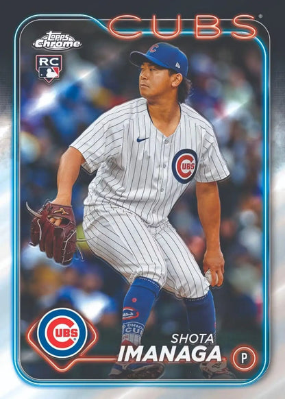Shota Imanaga baseball card with red refractor parallel in 2024 Topps Chrome Blaster Box