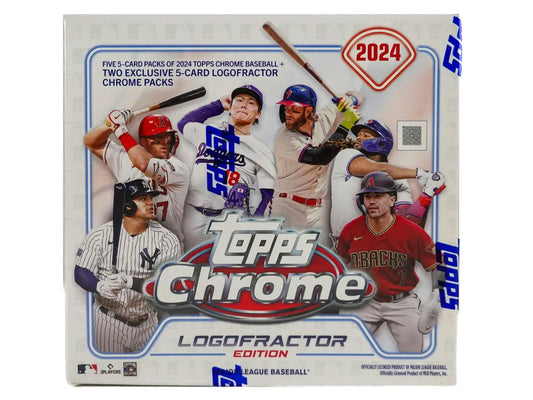 Topps Chrome Baseball Logofractor Edition box for 2024 featuring chrome baseball card packaging