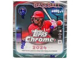 2024 Topps Chrome Baseball Mega Box with red and silver metallic design displayed