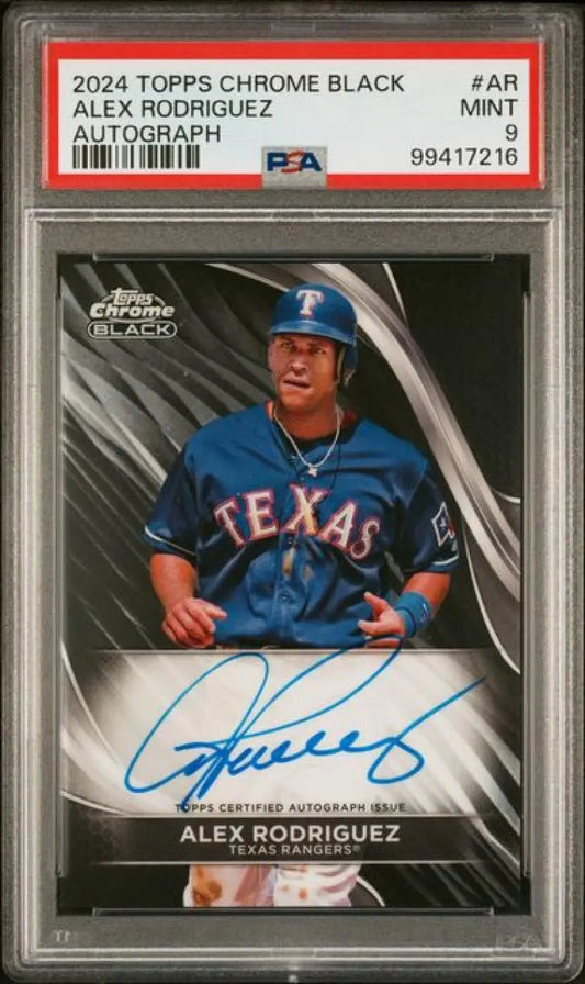 Autographed Alex Rodriguez baseball card from Topps Chrome Black featuring PSA 9 mint grade