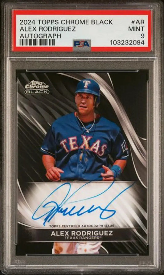 Graded Alex Rodriguez autographed baseball card from 2024 Topps Chrome Black Texas Rangers