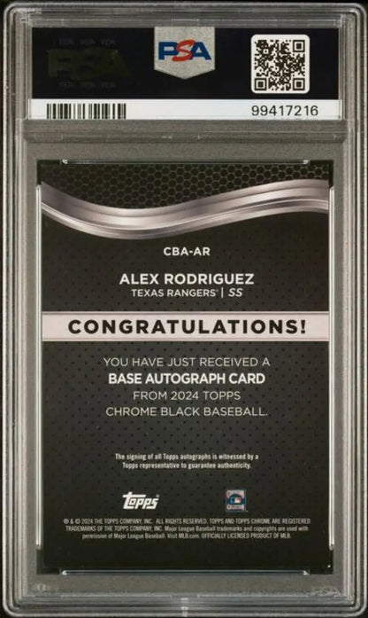 Graded Alex Rodriguez baseball card from 2024 Topps Chrome Black featuring PSA 9 Mint auto