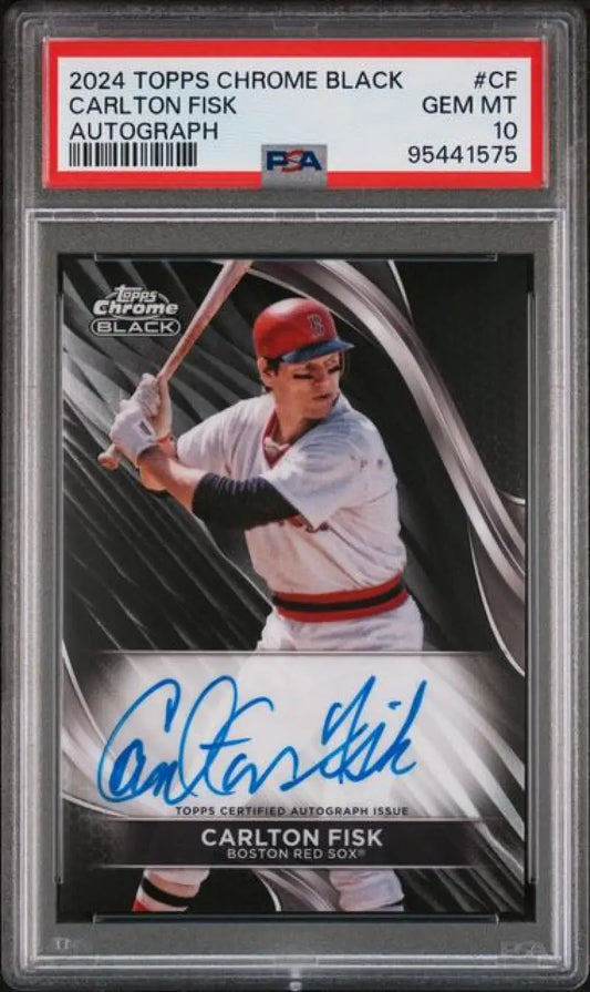 Graded Carlton Fisk autographed baseball card from 2024 Topps Chrome Black GEM MINT