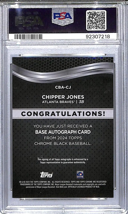 Graded Chipper Jones autograph card from Topps Chrome Black showcasing auto and GEM MINT grade