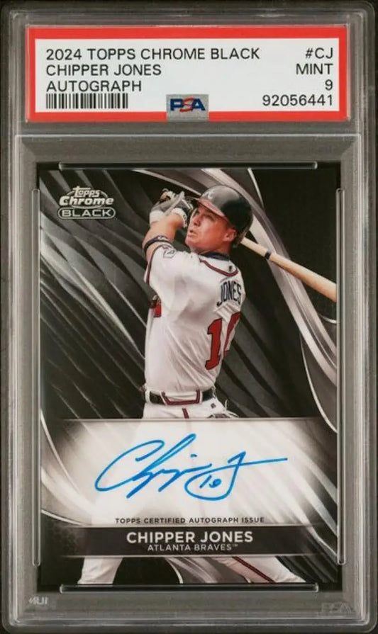 PSA-graded 2024 Topps Chrome Black Chipper Jones autograph card in Atlanta Braves uniform