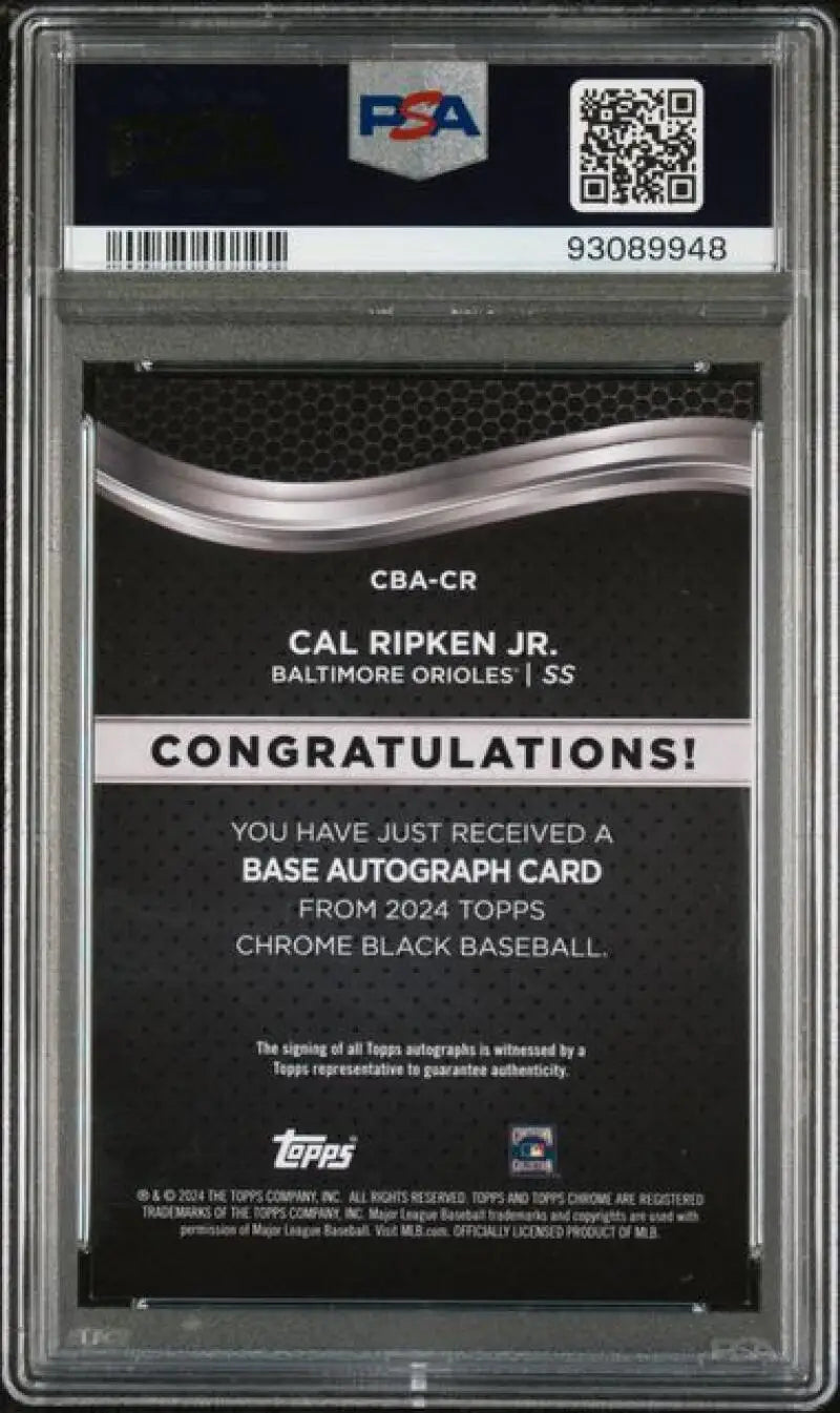 Back side of a PSA-graded Cal Ripken Jr. baseball card with authentication text