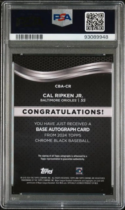 Back side of a PSA-graded Cal Ripken Jr. baseball card with authentication text