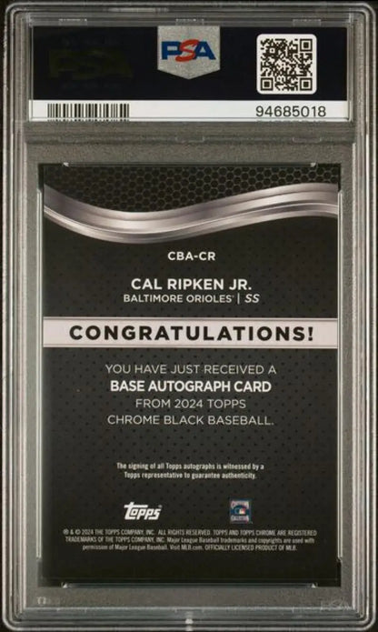 PSA-graded autograph redemption card of Cal Ripken Jr. from 2024 Topps Chrome Black Baseball