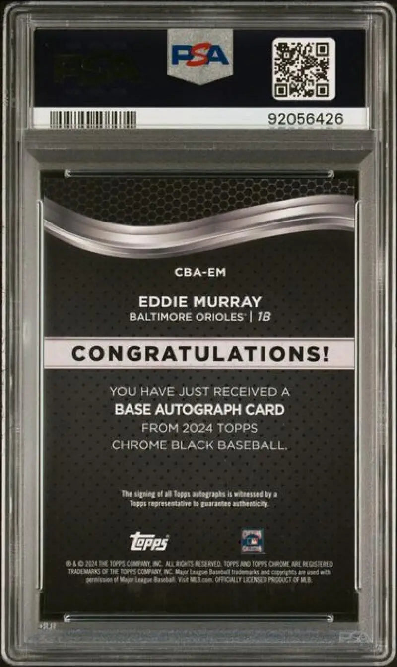 Back of Eddie Murray Baltimore Orioles PSA 9 Mint Auto Topps Chrome Black Baseball Card