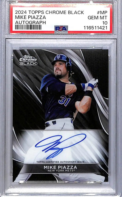 A graded 2024 Topps Chrome Black Mike Piazza autographed baseball card in GEM MINT condition