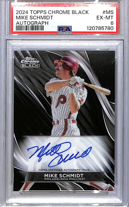 PSA-graded 2024 Topps Chrome Black Mike Schmidt autographed baseball card featuring Philadelphia Phillies