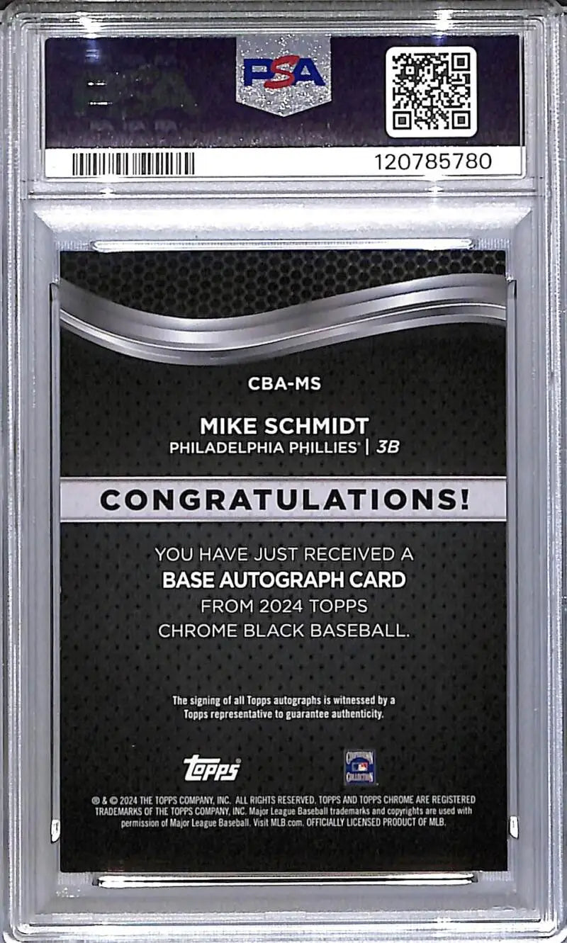 PSA-graded Mike Schmidt 2024 Topps Chrome Black autograph card featuring Philadelphia Phillies star