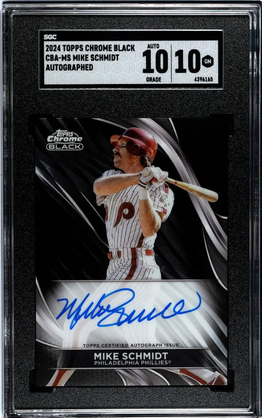Graded Topps Chrome Black baseball card featuring Mike Schmidt’s autograph in sleek design