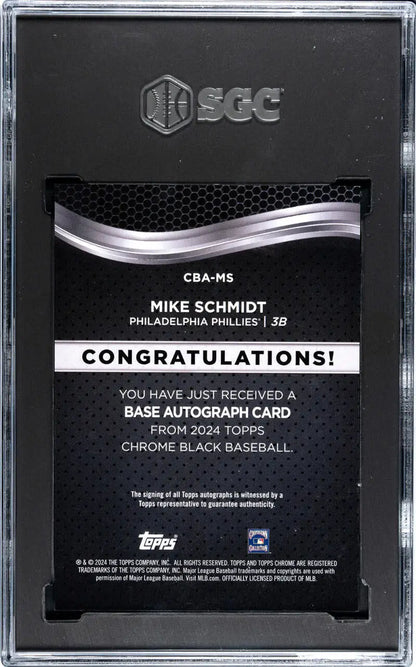 Back of Topps Chrome Black Mike Schmidt Autograph Card for Philadelphia Phillies