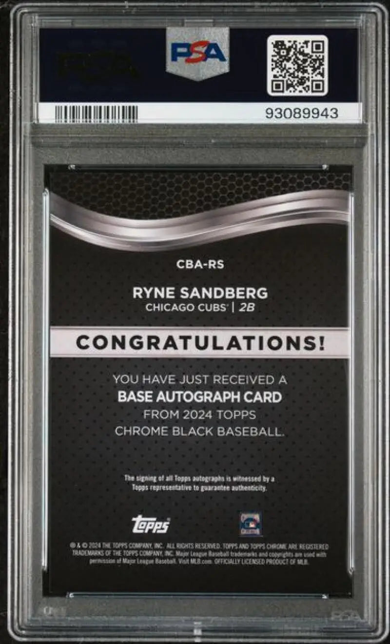 2024 Topps Chrome Black #CBA-RS Ryne Sandberg PSA 9 MINT Auto Chicago Cubs Baseball Card