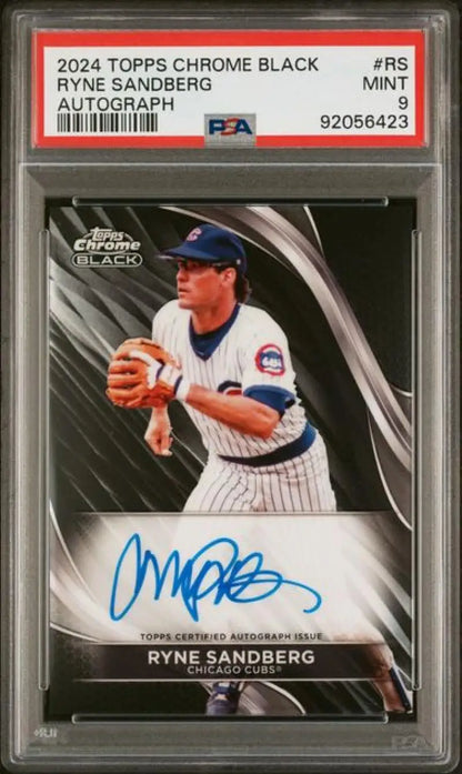 PSA-graded 2024 Topps Chrome Black Ryne Sandberg autographed baseball card with auto