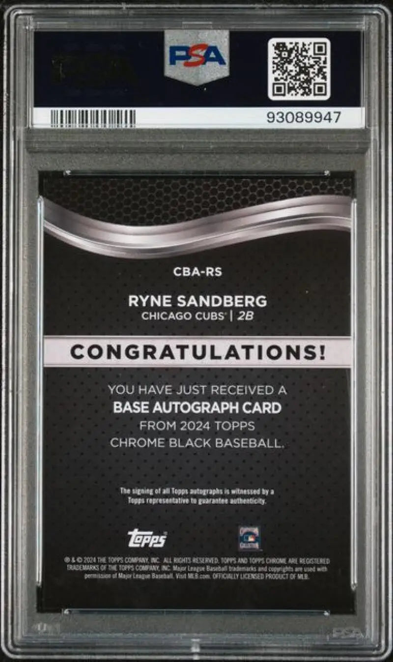 2024 Topps Chrome Black #CBA-RS Ryne Sandberg PSA 9 MINT Auto Chicago Cubs Baseball Card