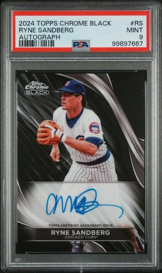 PSA-graded 2024 Topps Chrome Black Ryne Sandberg autographed Chicago Cubs baseball card