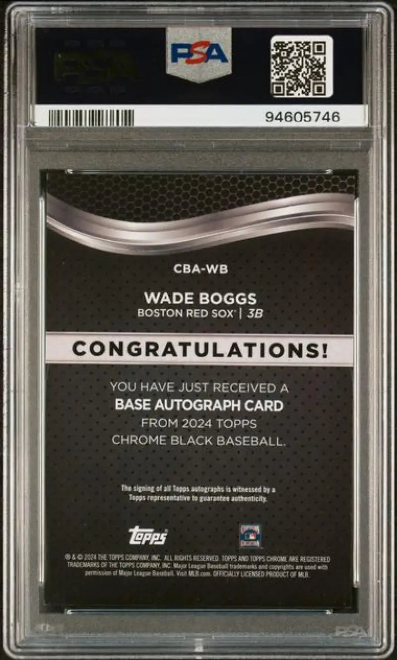 Back side of PSA-graded Topps Chrome Black Wade Boggs card with authentication details
