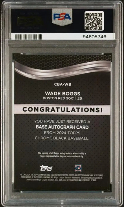 Back side of PSA-graded Topps Chrome Black Wade Boggs card with authentication details