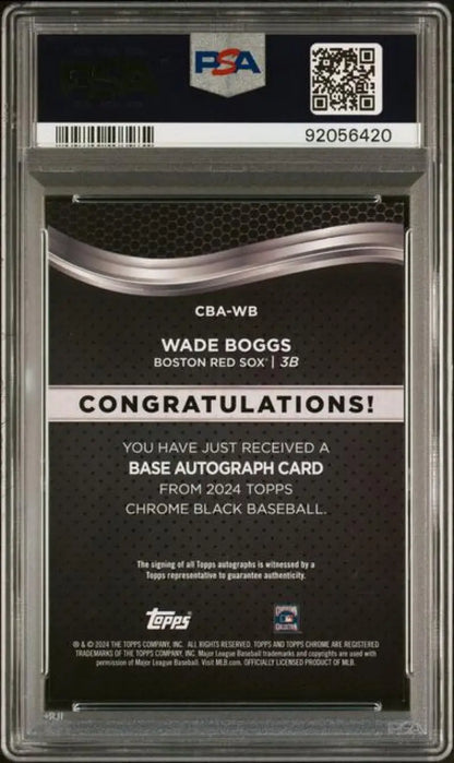 PSA-graded Topps Chrome Black Wade Boggs autographed card back Boston Red Sox