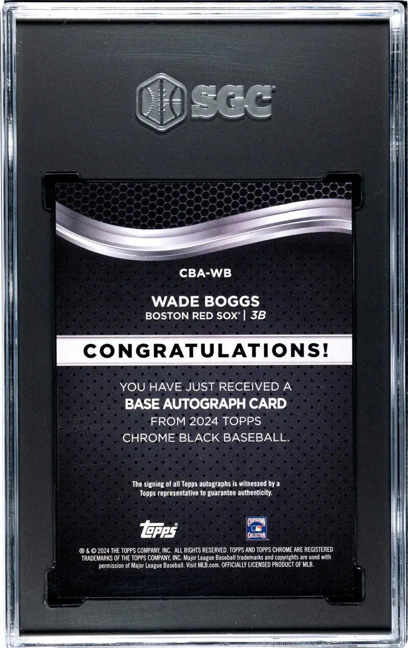 Back of 2024 Topps Chrome Black Wade Boggs Auto card with congratulatory text