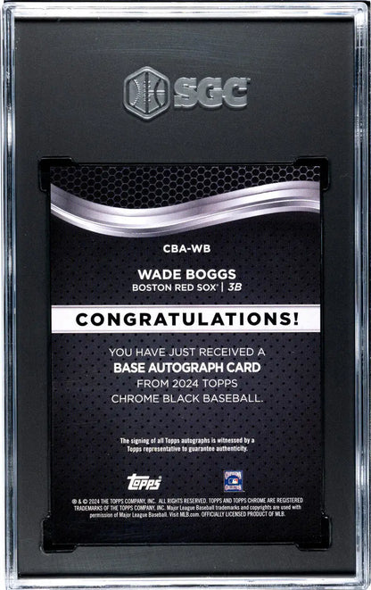 Back of 2024 Topps Chrome Black Wade Boggs Auto card with congratulatory text