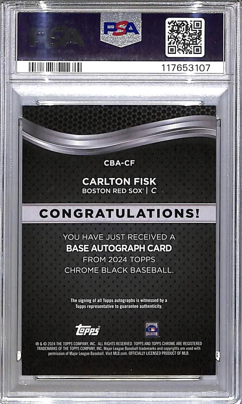 Graded Carlton Fisk baseball card featuring Boston Red Sox from 2024 Topps Chrome Black