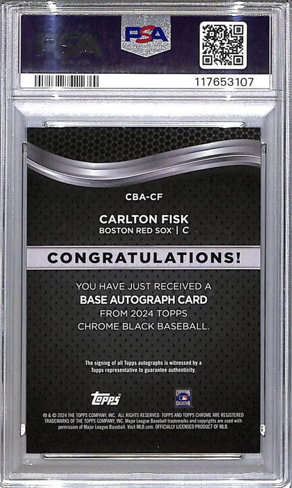 Graded Carlton Fisk baseball card featuring Boston Red Sox from 2024 Topps Chrome Black