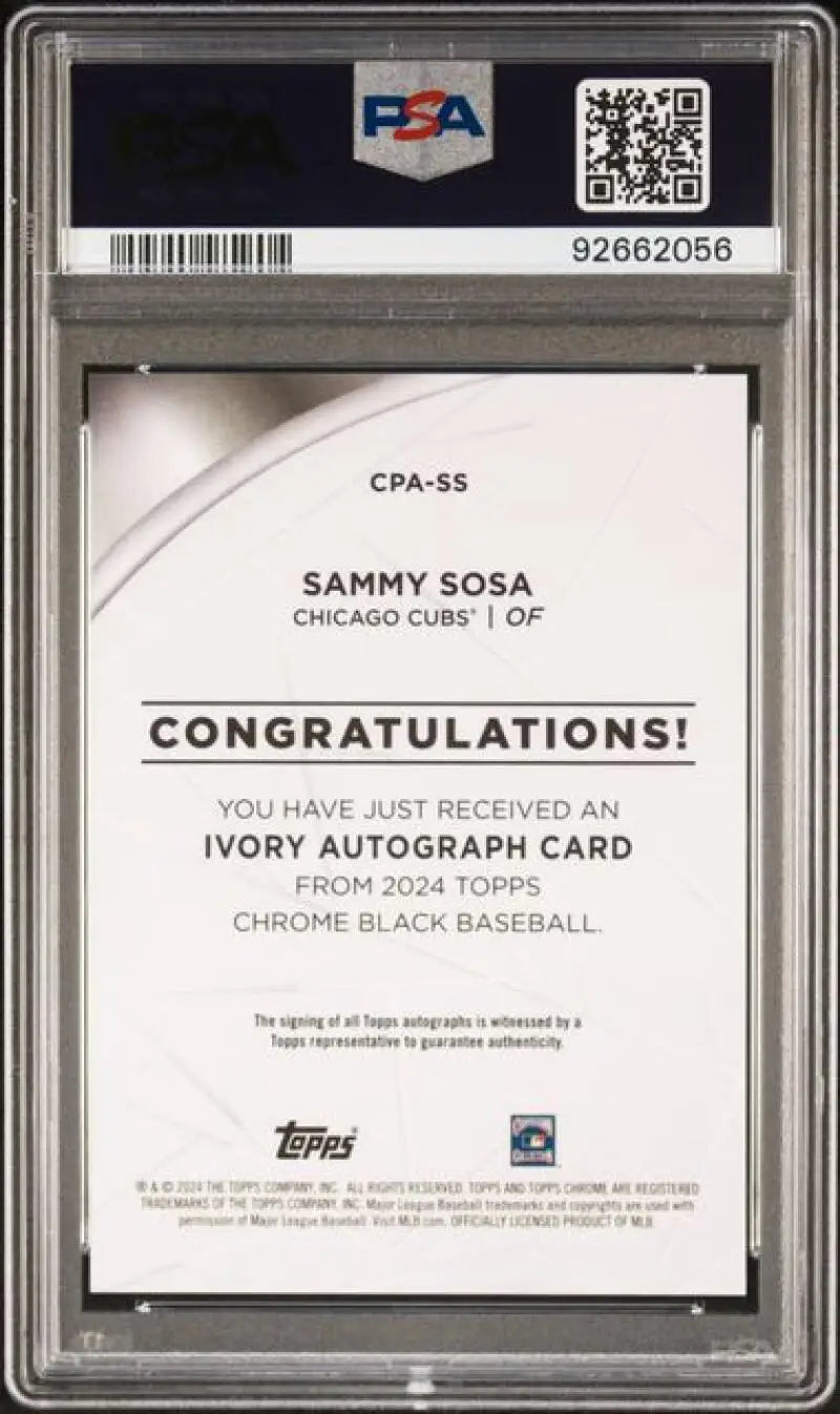 Sammy Sosa Ivory Refractor PSA 8 NM-MT Baseball Card from 2020 Topps Chrome Black