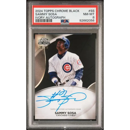 2024 Topps Chrome Black Ivory Refractor 38/50 #CPA-SS Sammy Sosa PSA 8 NM-MT Auto Chicago Cubs Baseball Card