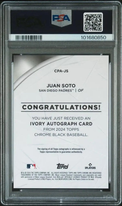Graded 2024 Topps Chrome Black Ivory Refractor Juan Soto autographed card San Diego Padres